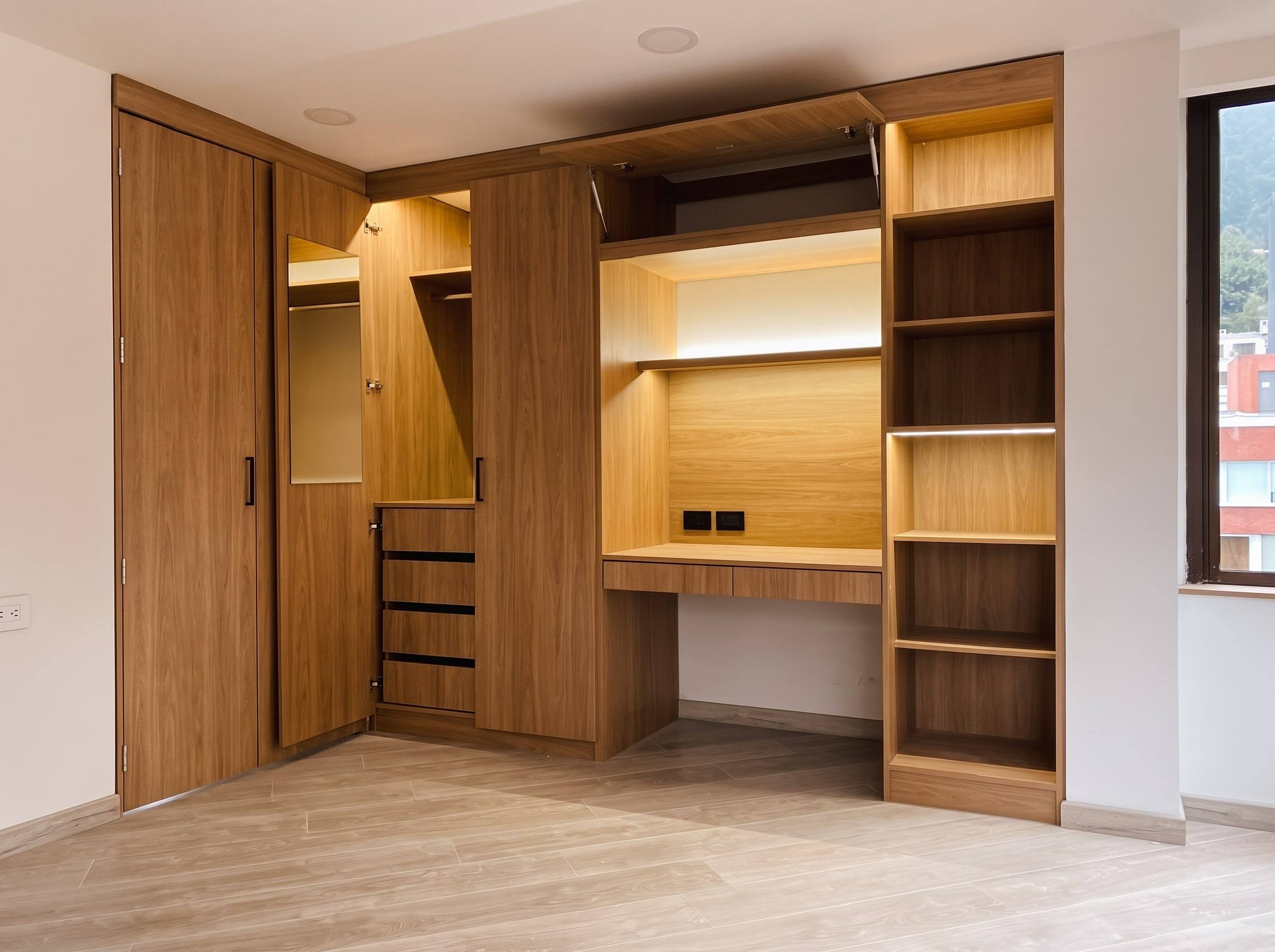 Clóset en madera con una puerta abierta, cajones, escritorio integrado y repisas iluminadas.