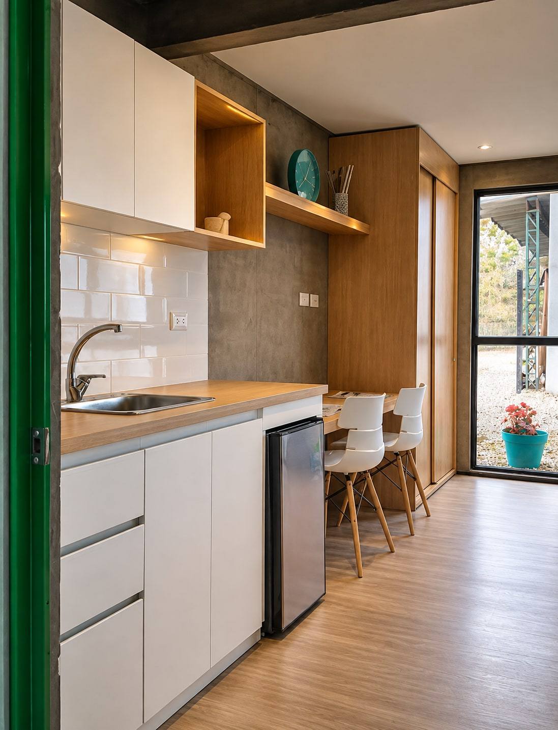Cocina compacta con muebles blancos, repisas en madera y comedor al fondo.