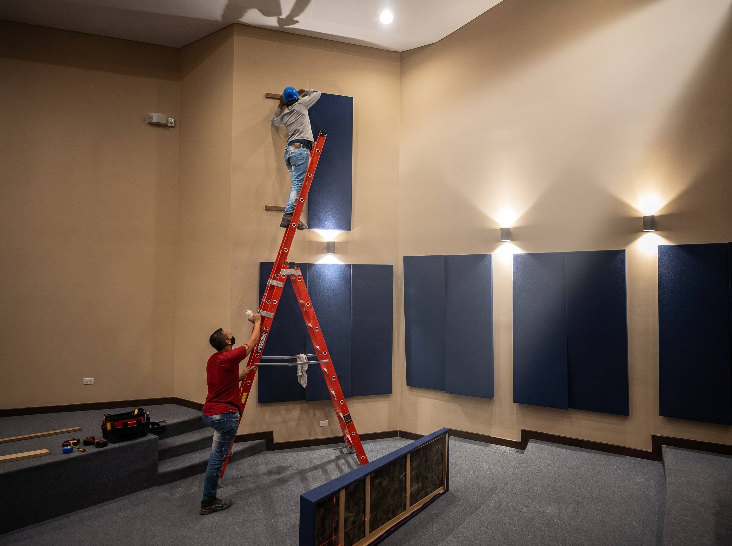 Dos instaladores montan paneles acústicos azules en un auditorio: uno sube por una escalera y el otro la sostiene desde abajo.