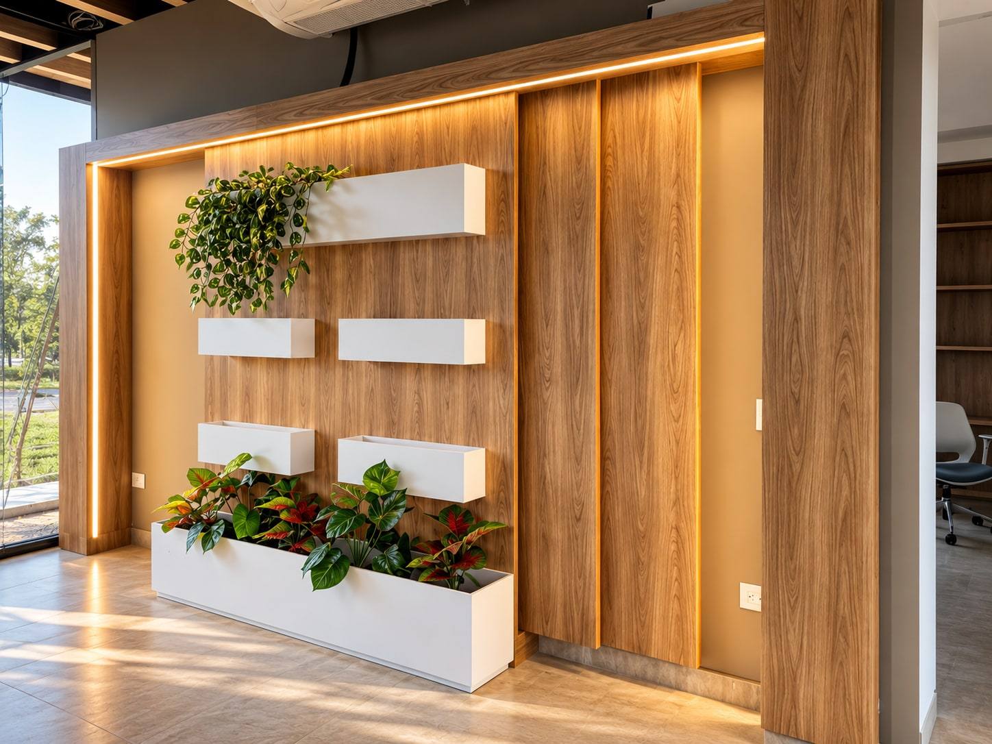 Muro en madera con jardineras blancas e iluminación lineal.