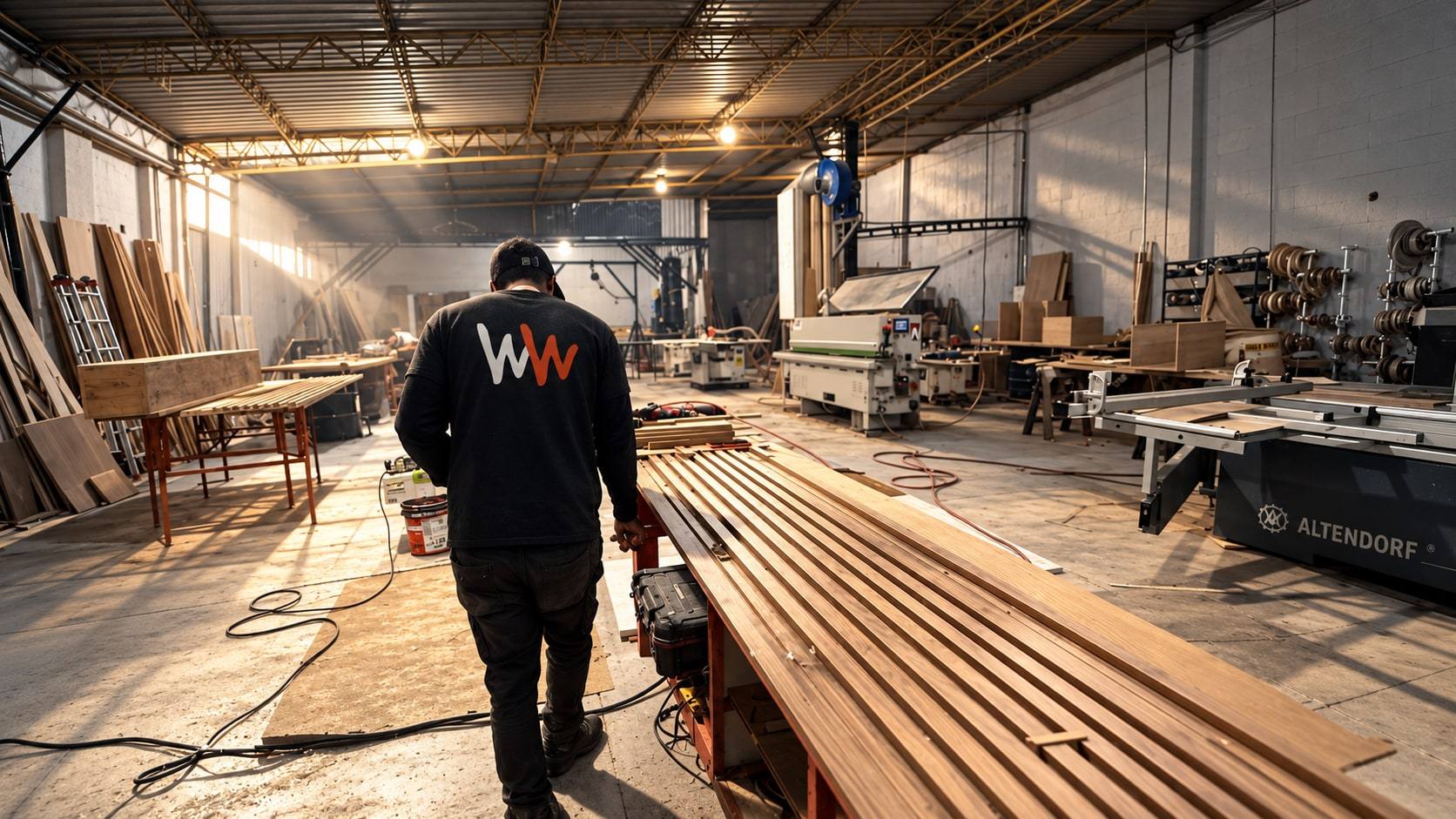 Integrante de WW camina por el taller entre piezas de madera y una enchapadora.