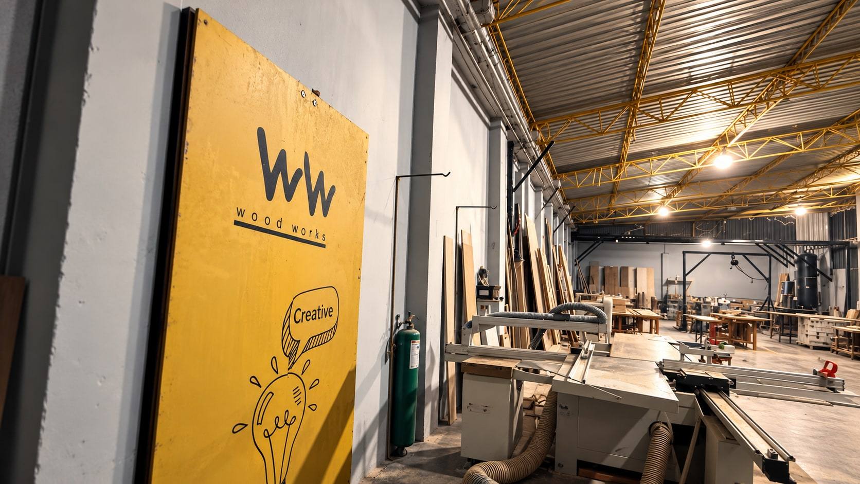 Taller de WW con tablero amarillo de la marca y escuadradoras.