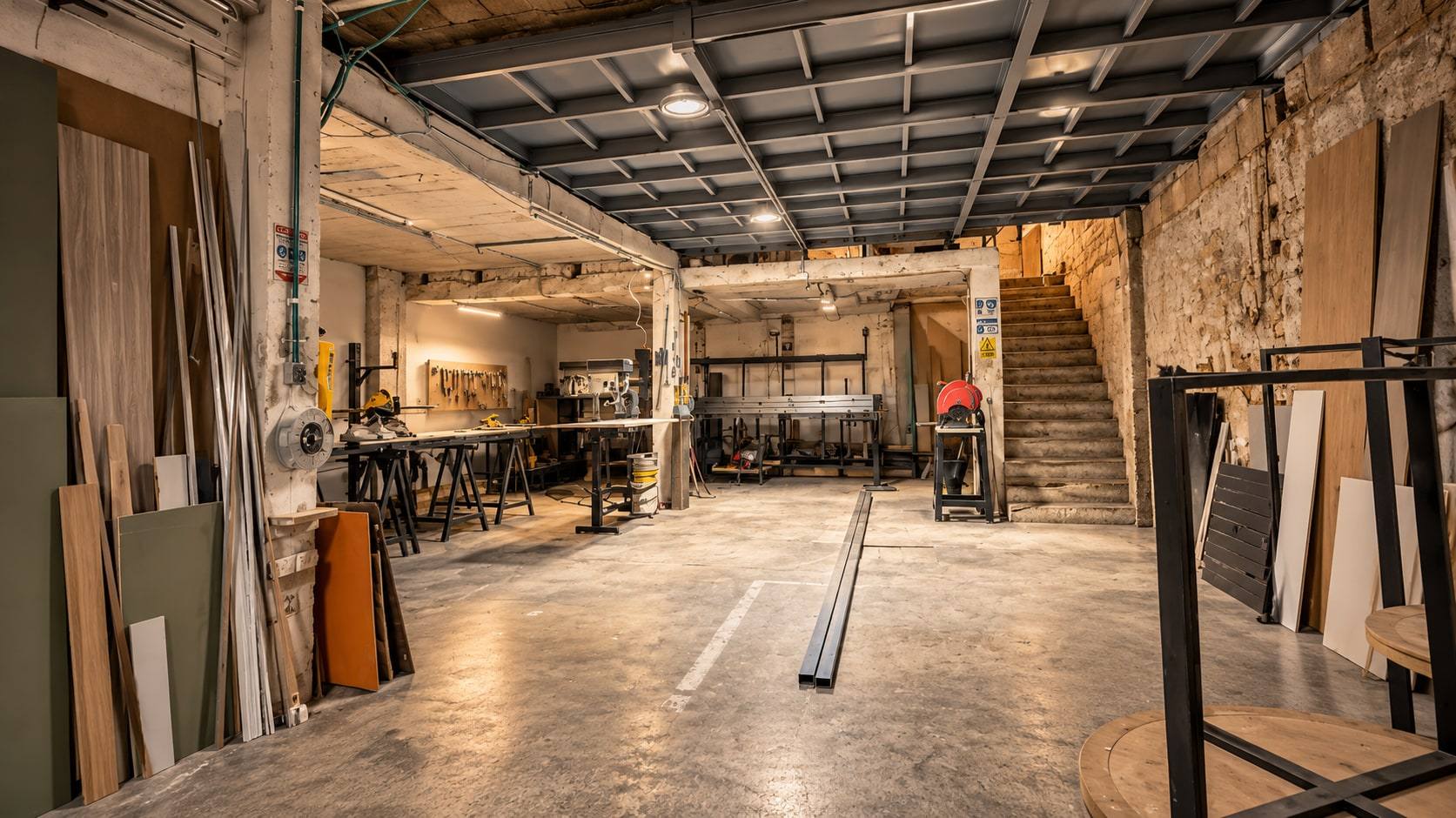 Zona del taller con bancos de trabajo y escaleras.