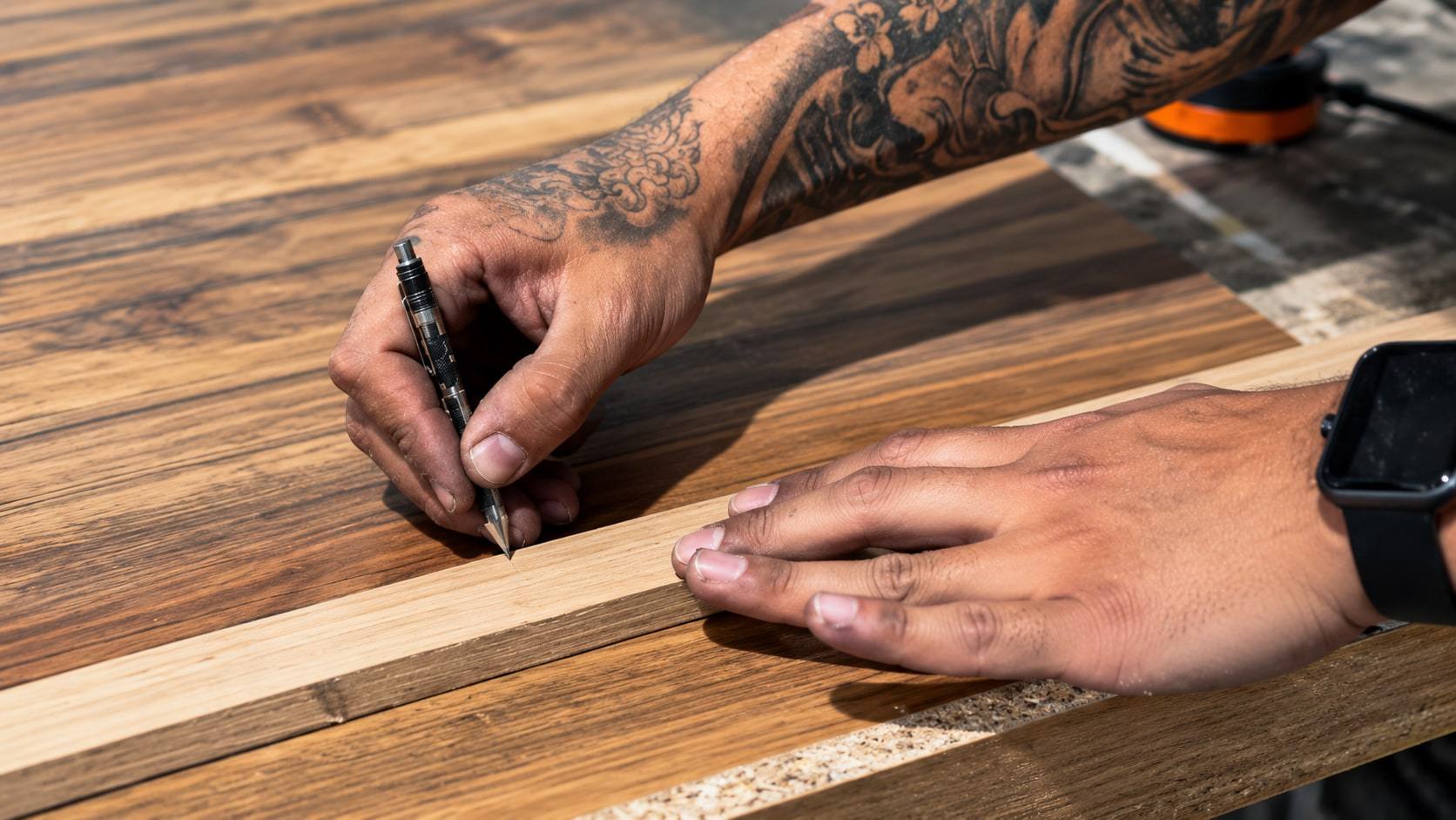 Manos que trazan una pieza de madera antes del corte.